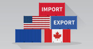 graphic of five blue red and white cargo boxes two with the us and canadian flags and two with the words import and export